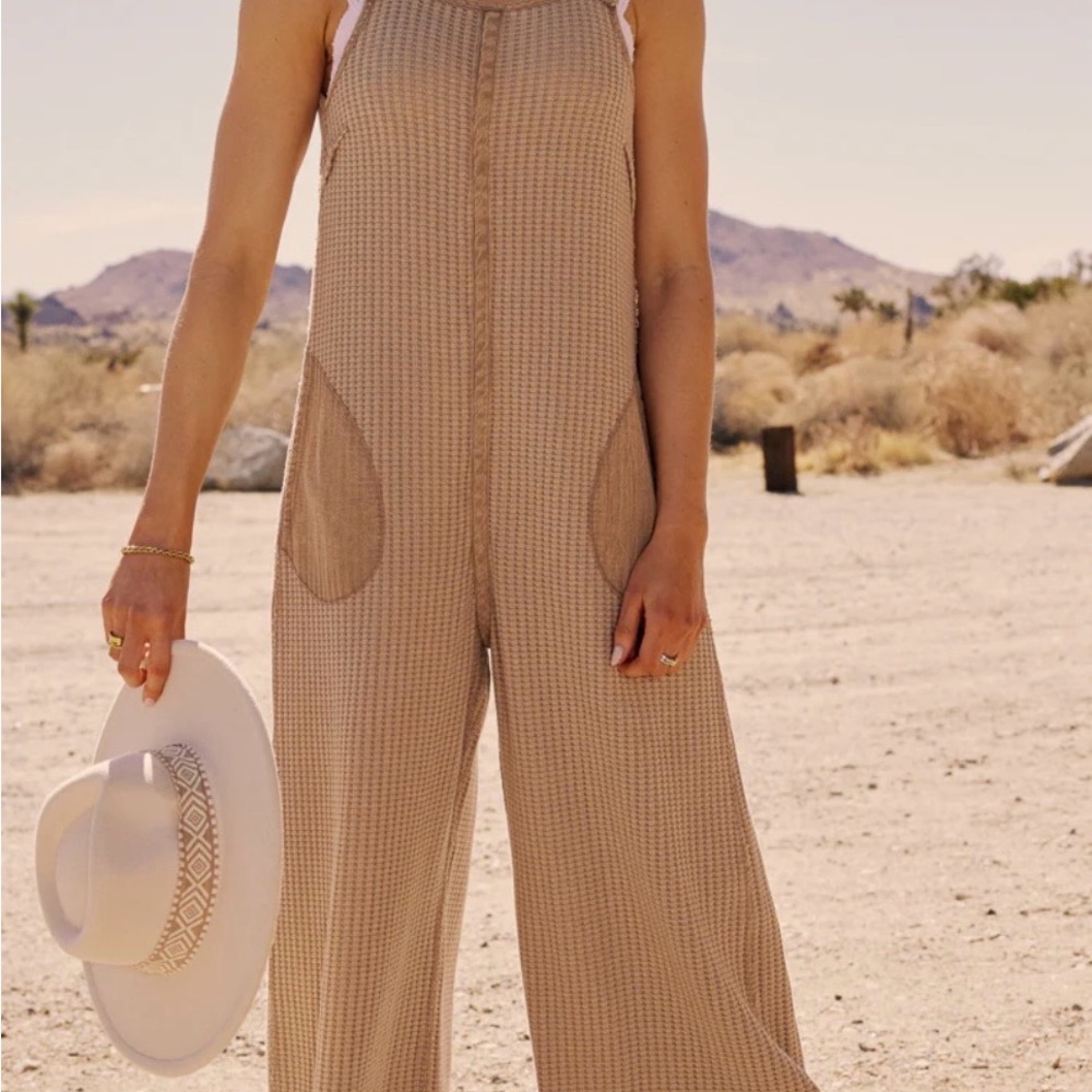 bohme Beige Waffle-Knit Wide-Leg Jumpsuit